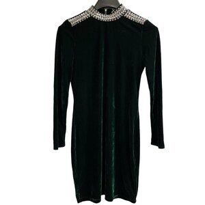 Elie by Elie Tahari Dress Womens S Green Crushed Velvet Jeweled Neckline Holiday